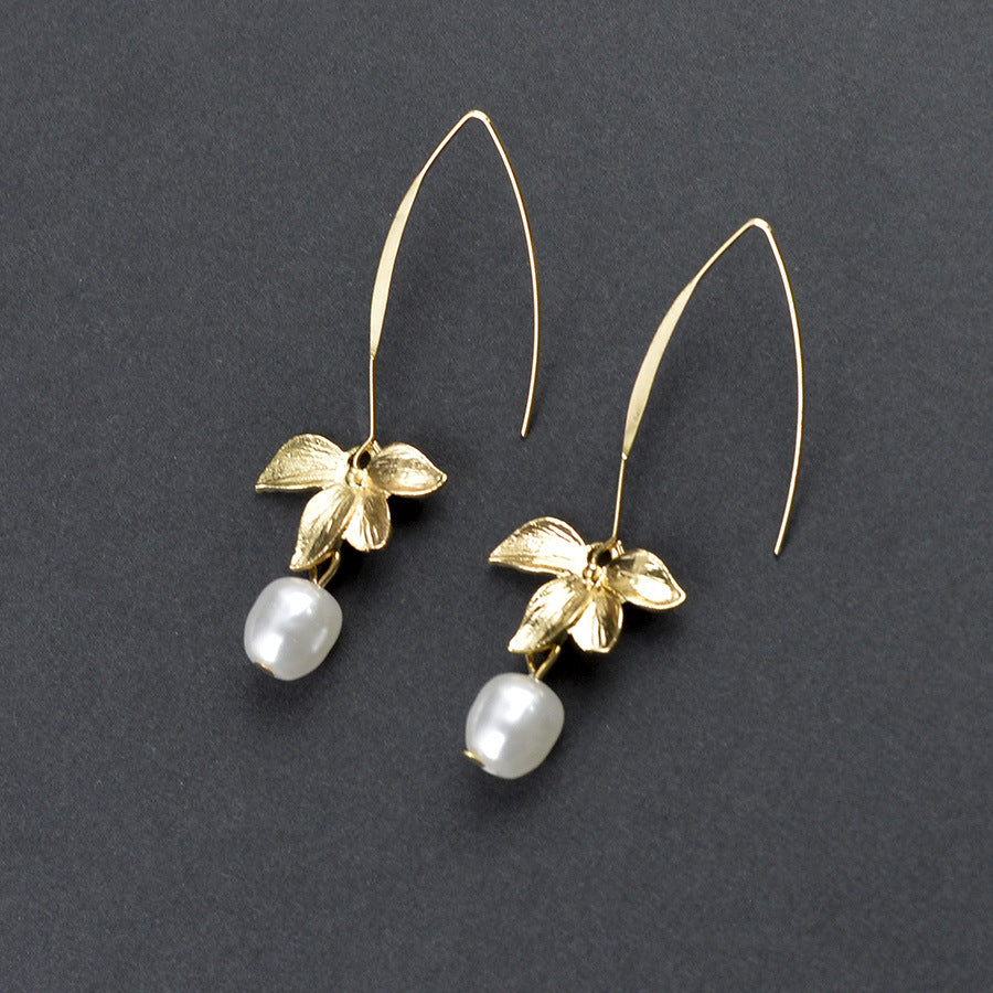 Wholesale Retro Orchid Drop Earrings Sapphire Blue Faux Pearl Zinc Alloy Boutique Jewelry Accessory