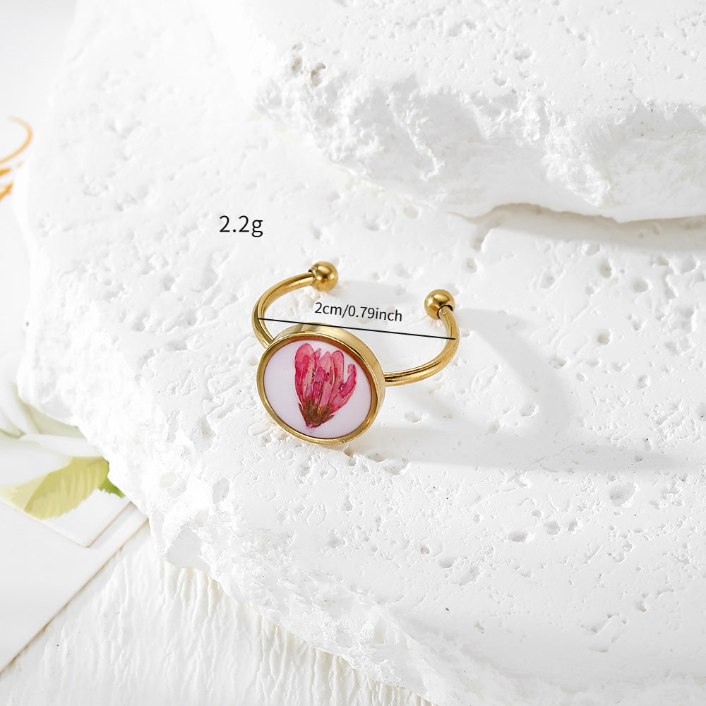 Wholesale Chic Adjustable Stainless Steel Ring With Dried Flower Boutique Resale Jewelry Accessory