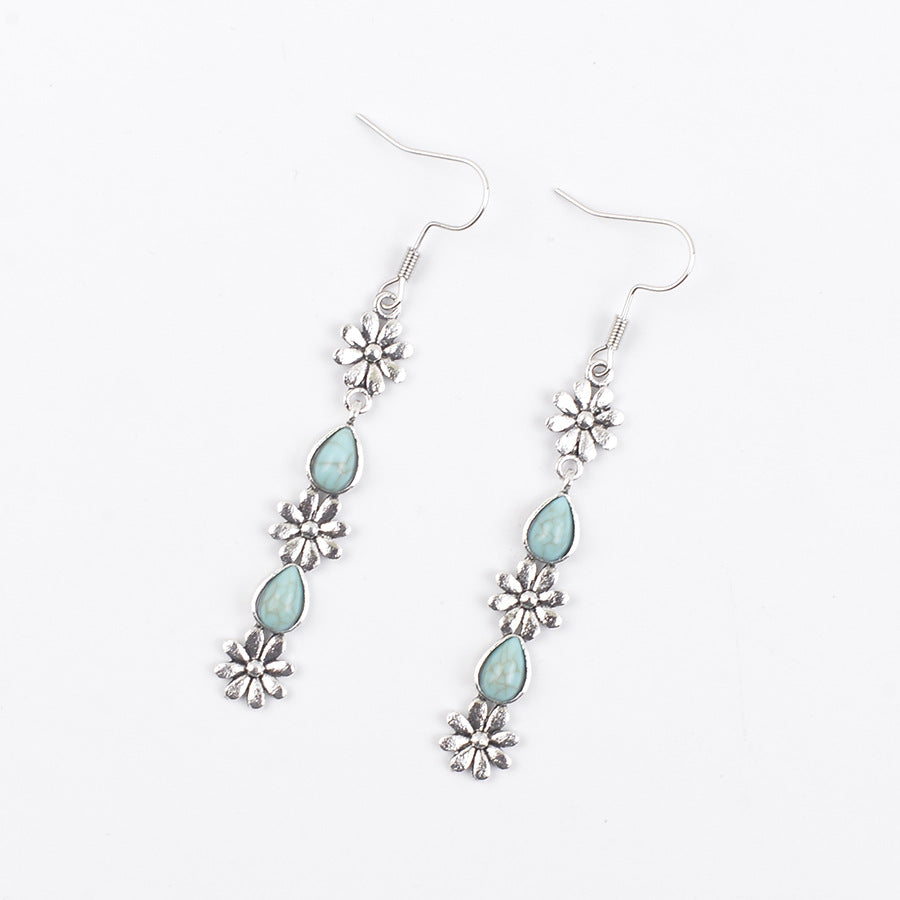 Wholesale Vintage Long Tassel Flower Earrings For Women Antique Silver With Turquoise Inlay Fashion Jewelry Accessory