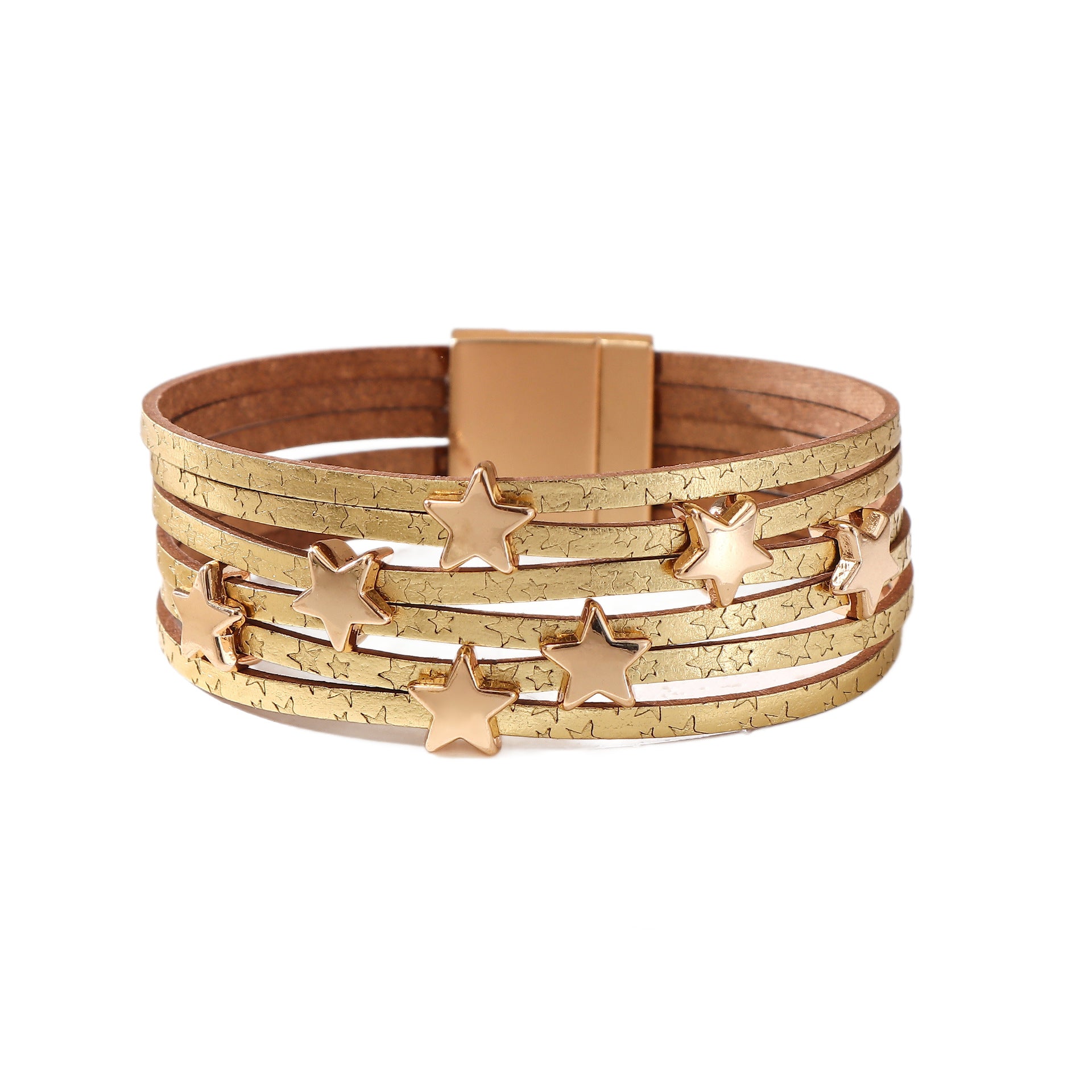 Wholesale Gold Leather Star Multi Layer Bracelet Magnetic Clasp Women S Vacation Style Chic Jewelry Gift