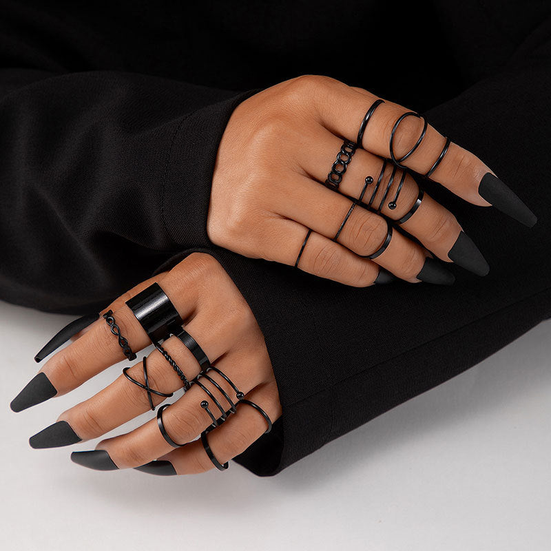 Wholesale Fashion Ring Set Spiral Stacking Black Gemstone Design Alloy Jewelry Accessory for Everyday Wear