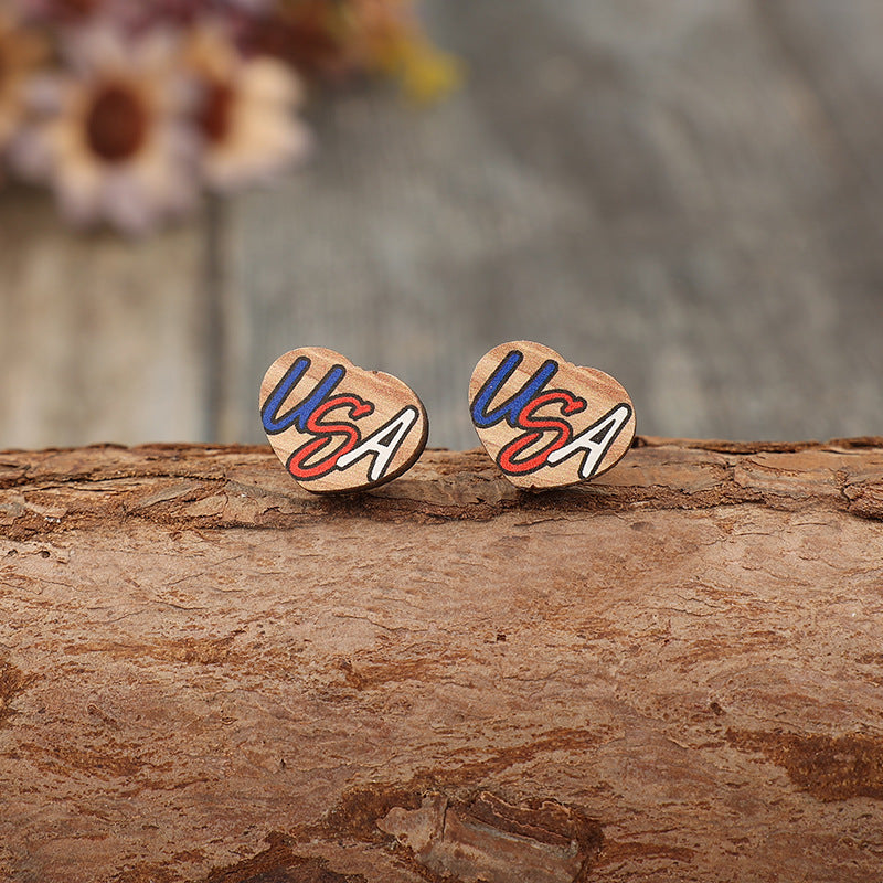 Wholesale Heart-shaped Printing USA Wooden Simple Stud Earrings