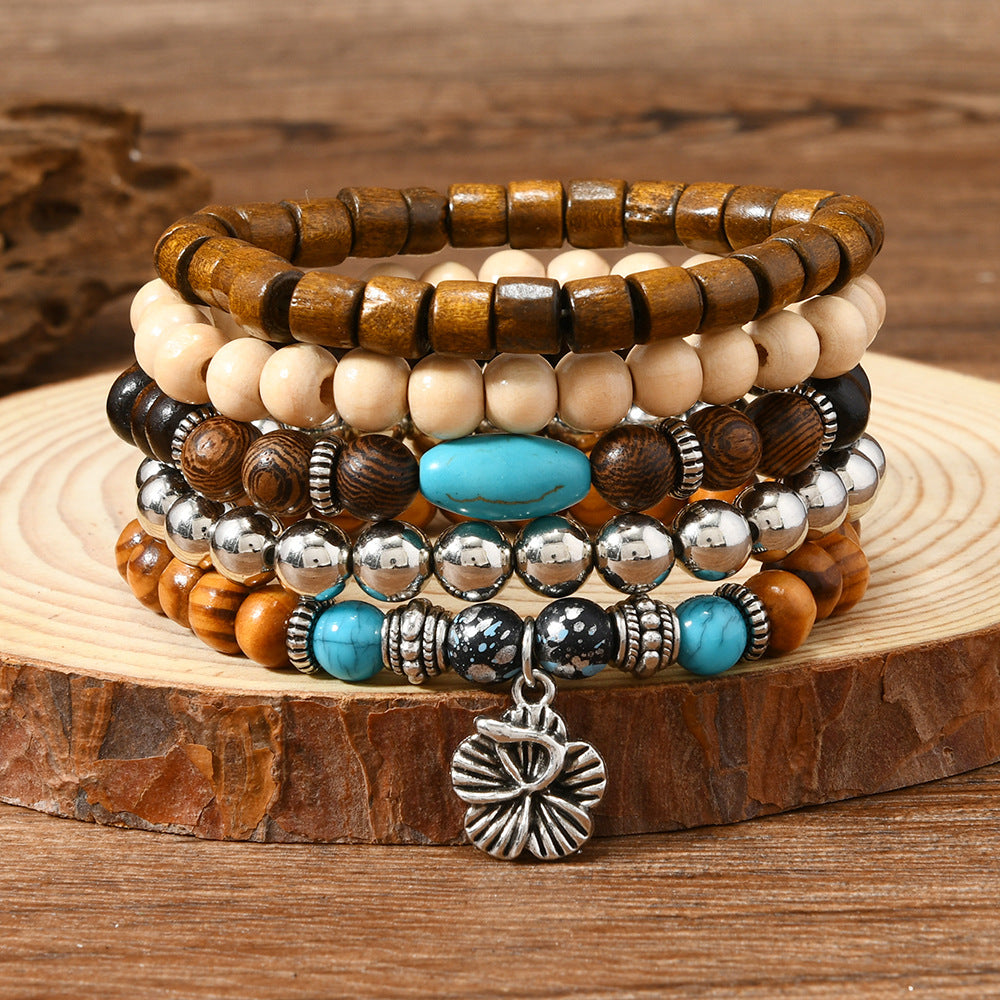 Wholesale Bohemian Style nut Shell Wooden Beads Turquoise Handmade Bracelet