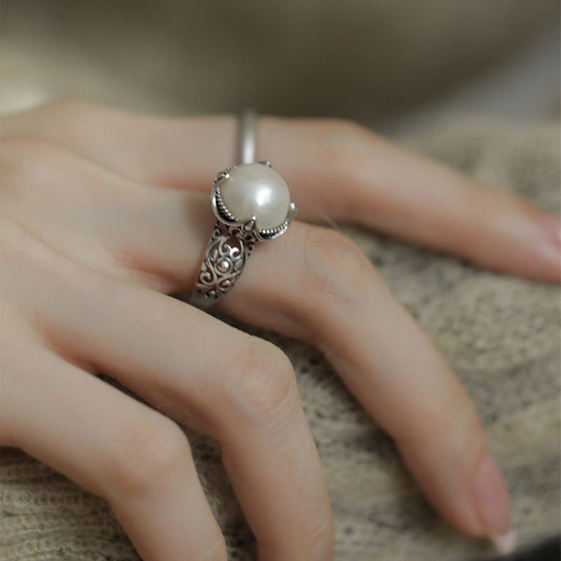 Wholesale S925 Sterling Silver Pearl Hollow Adjustable Ring