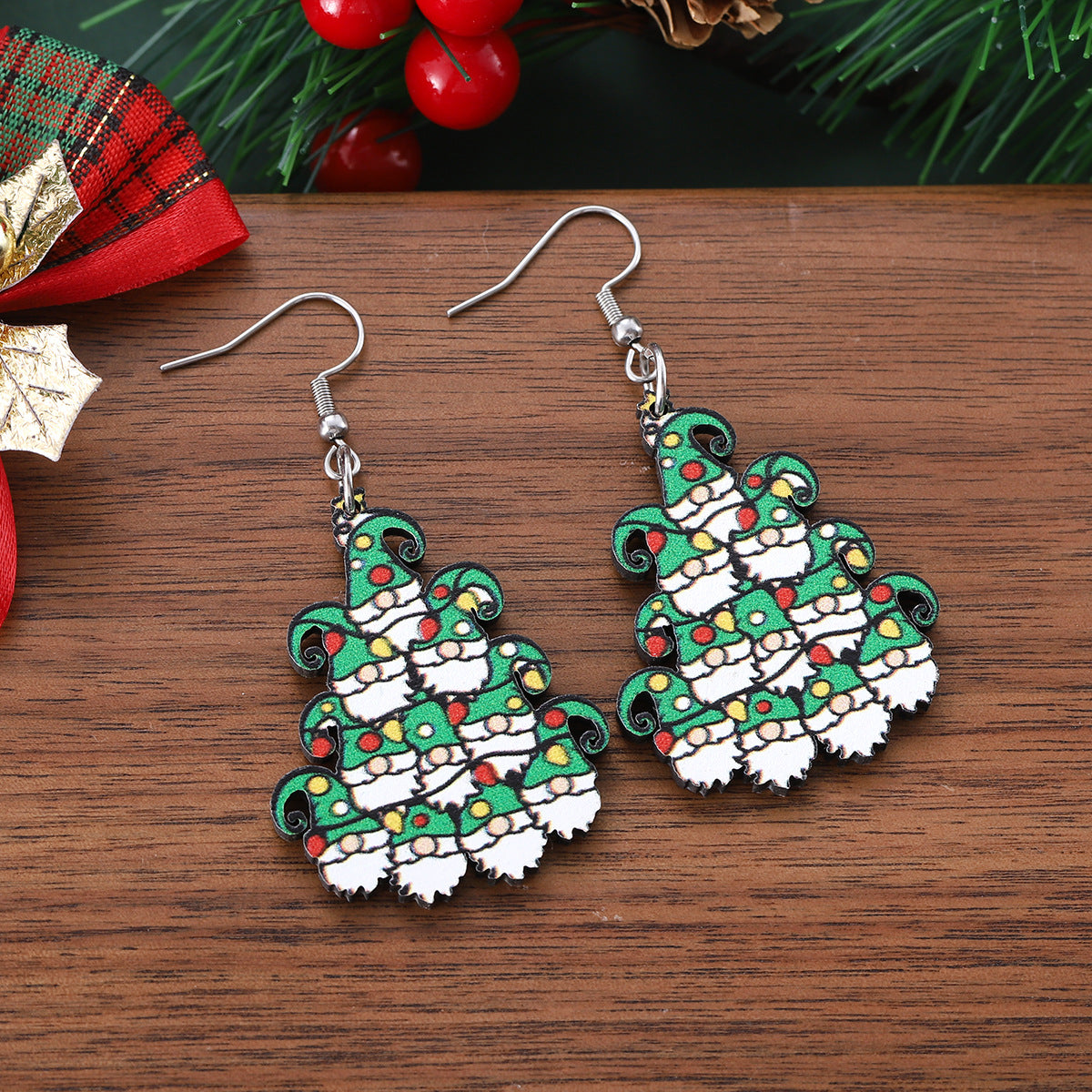 Wholesale hristmas lights dwarf Christmas tree pendant earrings wooden double-sided earrings