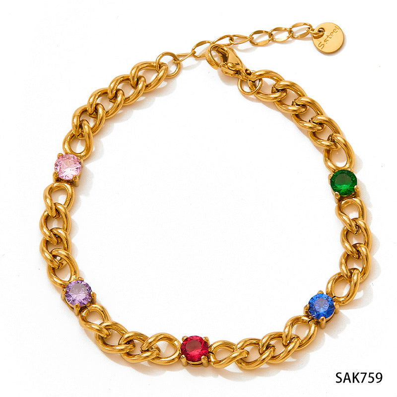 Wholesale  Stainless Steel Inlaid Colorful Zircon Geometric  Bracelet