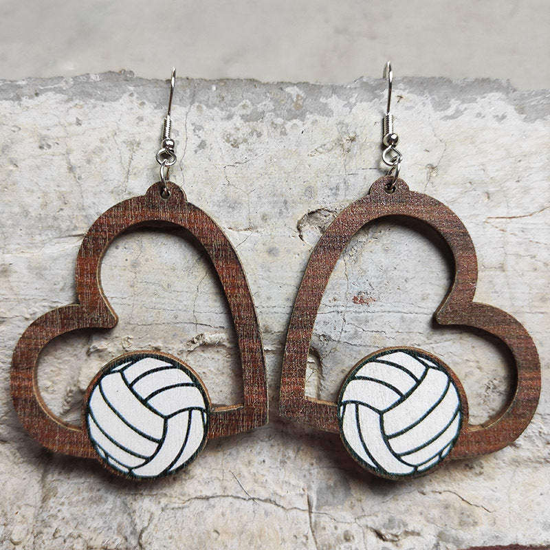 Wholesale Heart Shaped Sports Fan Earrings Wooden Geometric Hollow Dangle Earrings Stylish Fashion Accessory Gift
