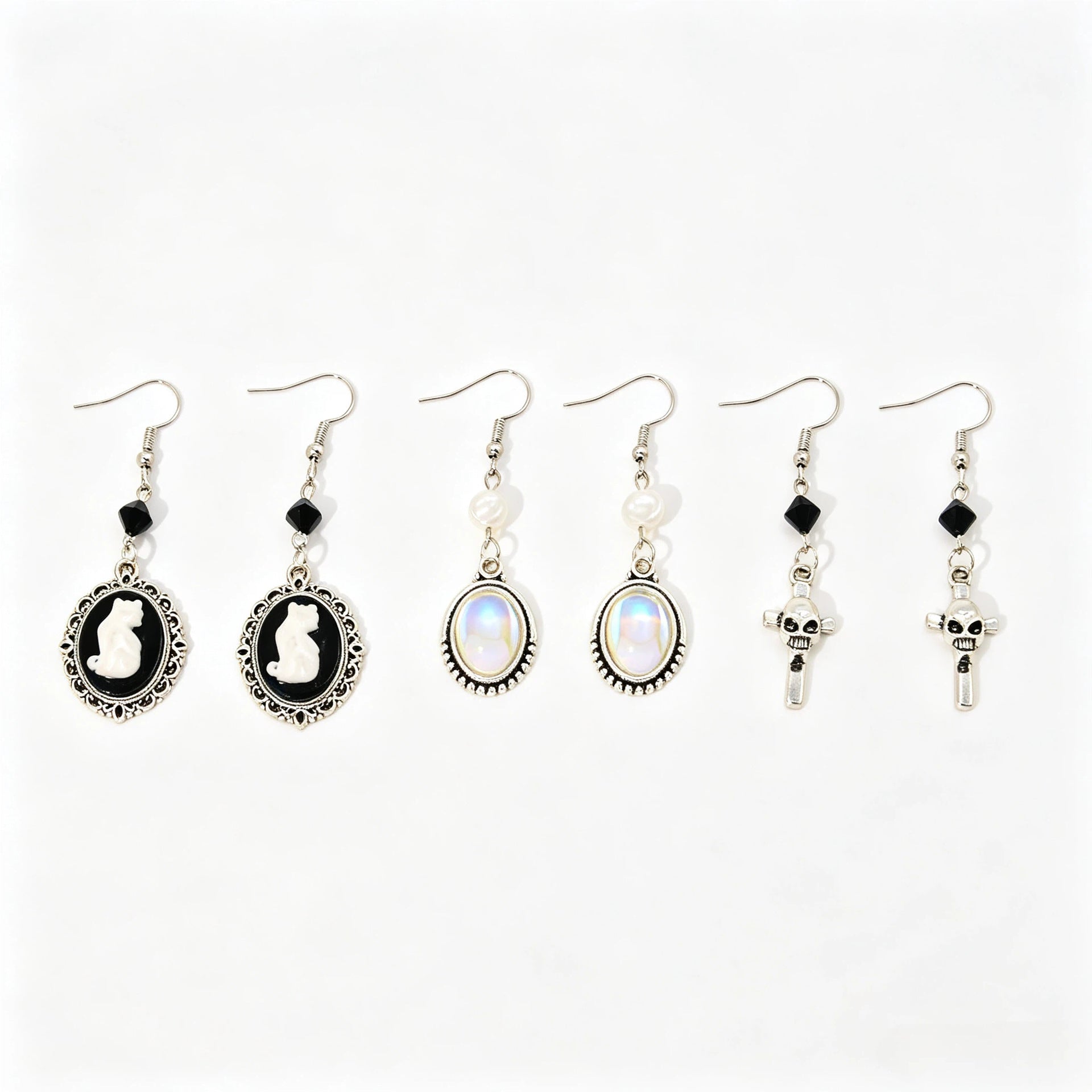 Wholesale Retro European Style Colorful Mother Of Pearl Cross Earrings Zinc Alloy Cat Skull Design Stylish Jewelry For Gift And Boutique Resale