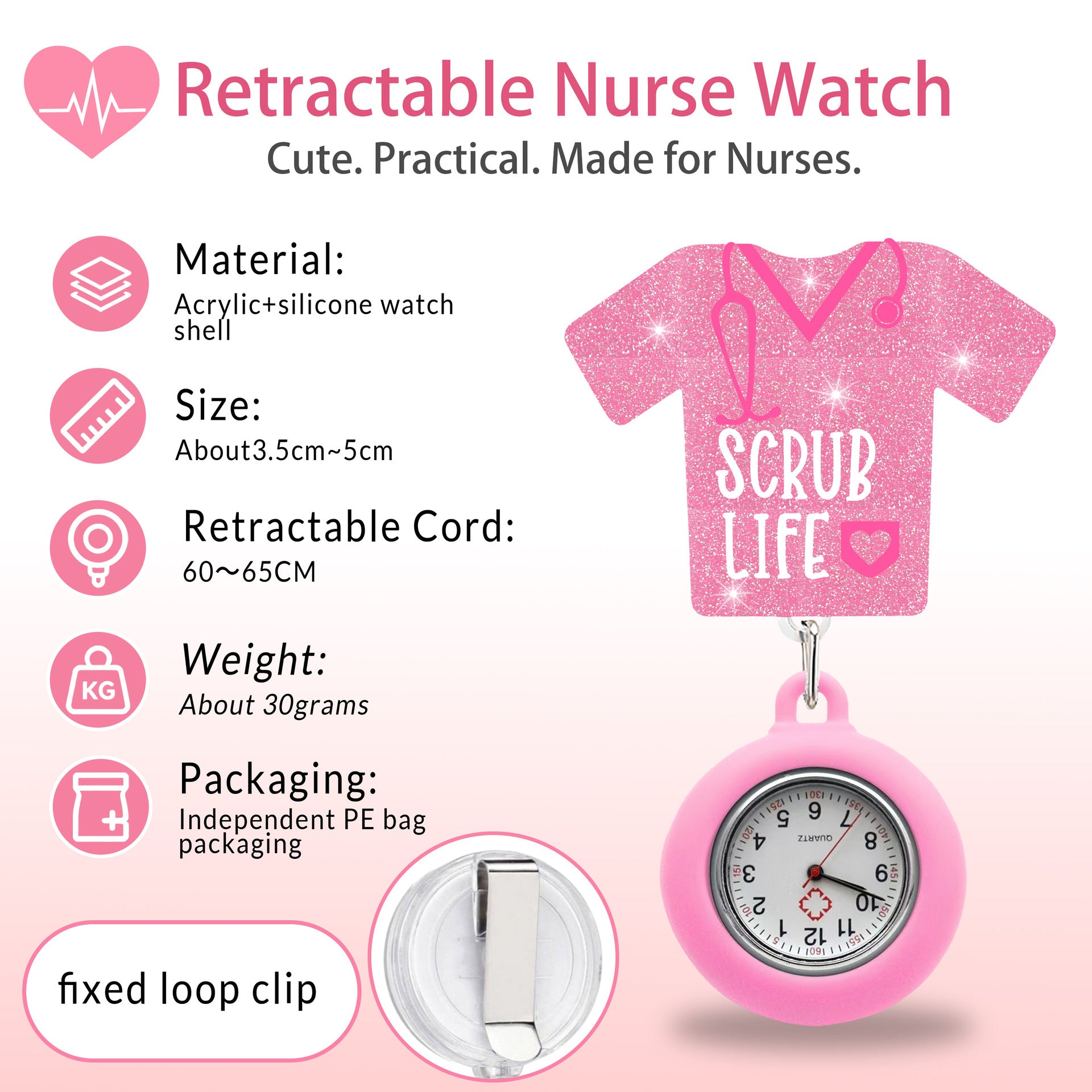 Wholesale Telescopic Nurse Officer Watch,  Soft Rubber Anti-loss and Anti-fall Easy-pull Buckle,  Telescopic Name Tag Customization