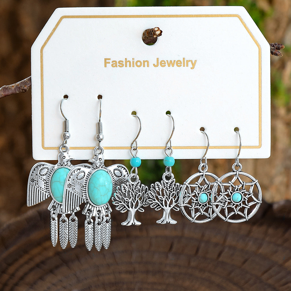 Wholesale European and American Cross-Border Hot Selling New Turquoise Earrings Set Fashion Ethnic Holiday Style Earrings Earrings Manufacturer