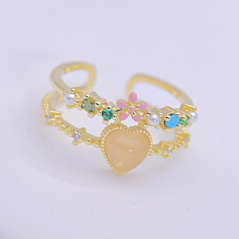 Wholesale Pink Double Layer Flower Love Ring Open Zircon Inlaid Rings ACC-RS-YXY013