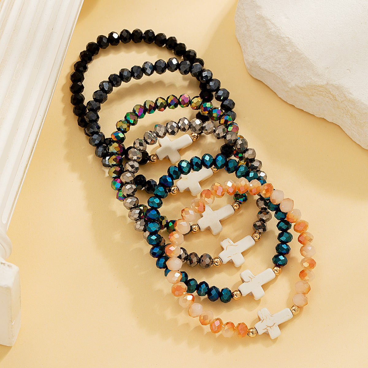 Wholesale retro ethnic style cross crystal gold bead elastic bracelet