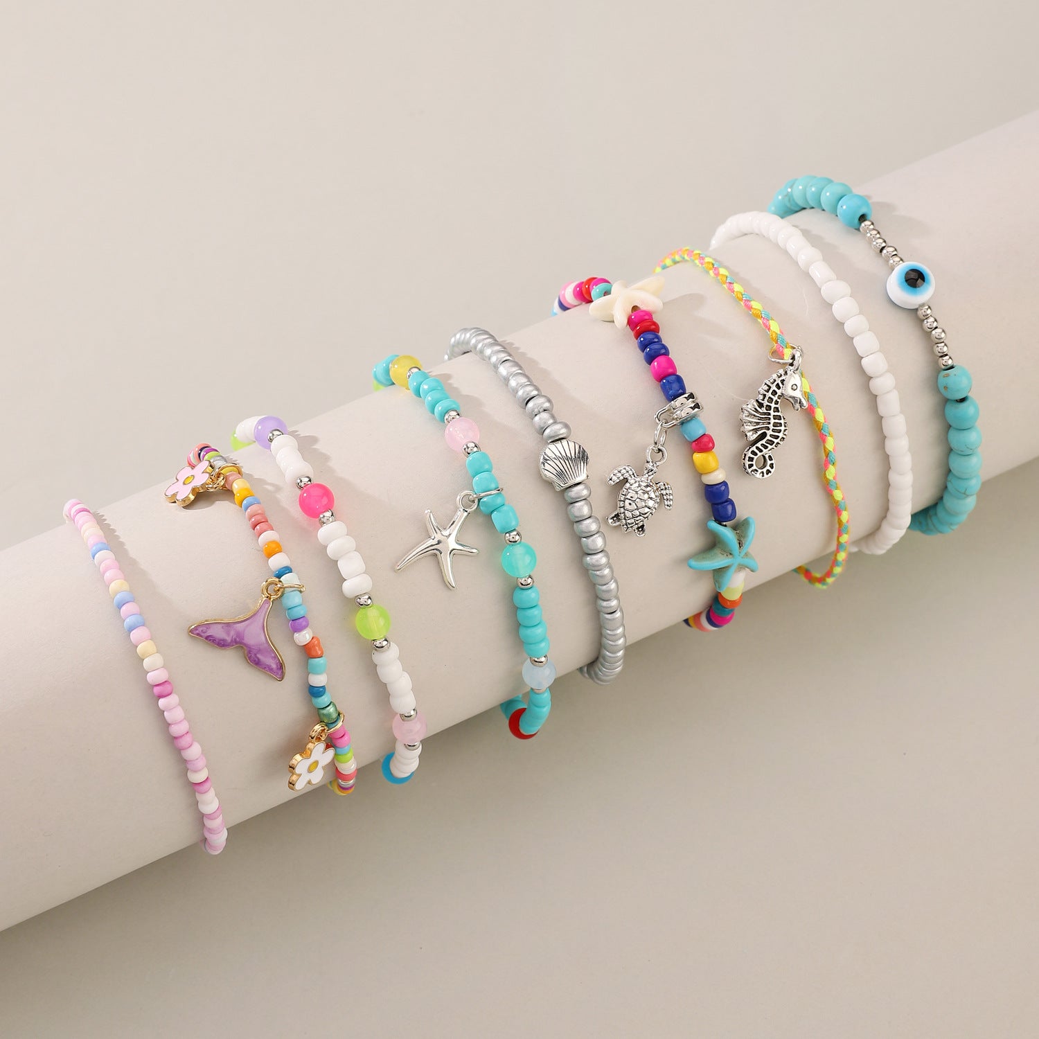 Wholesale Bohemian Vacation Style Color Random Soft Pottery Turtle Fish Tail Pendant Rice Bead Elastic Multi-Layer Foot Chain  Anklets