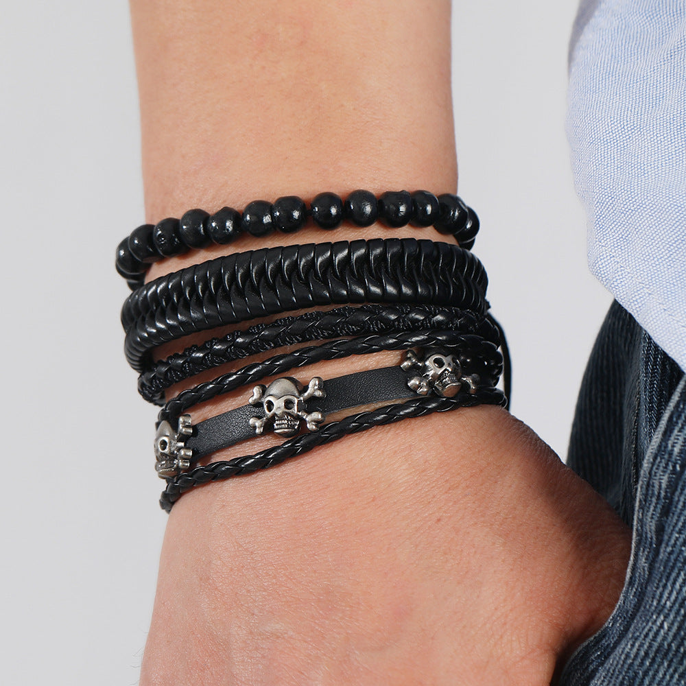 Wholesale DIY Vintage Braided Leather Skull Punk Bracelet Set ACC-BT-Saih019