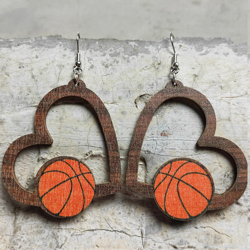 Wholesale Heart Shaped Sports Fan Earrings Wooden Geometric Hollow Dangle Earrings Stylish Fashion Accessory Gift