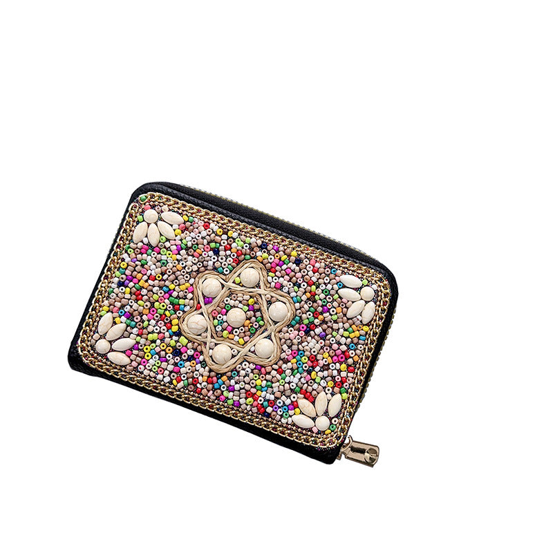 Wholesale Ethnic Retro Accordion Card Holder Handmade Rice Bead Bag Wallet ACC-WT-Mengs002