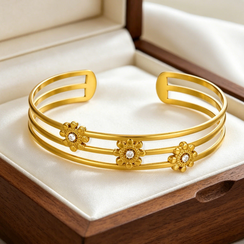 Wholesale Stainless Steel Electroplated Flower Open Cuff Bracelet - Trendy Boutique Resale Jewelry