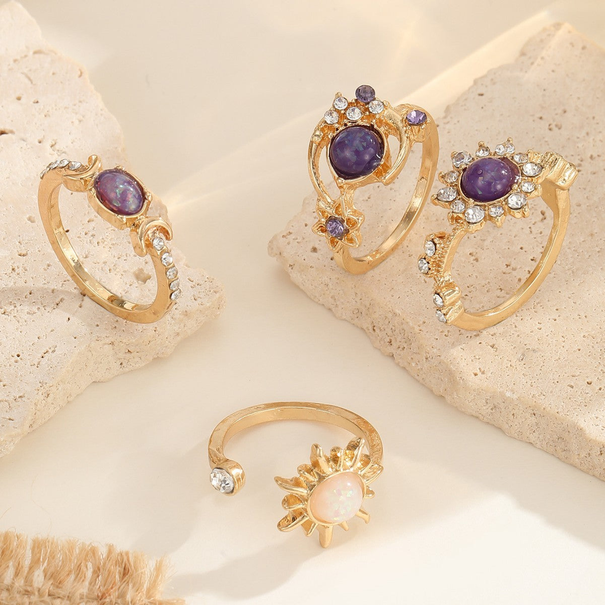 Wholesale Vintage Purple Gemstone Geometric Ring Set For Women Gold Tone Alloy 4 Pieces Chic Everyday Jewelry Accessory