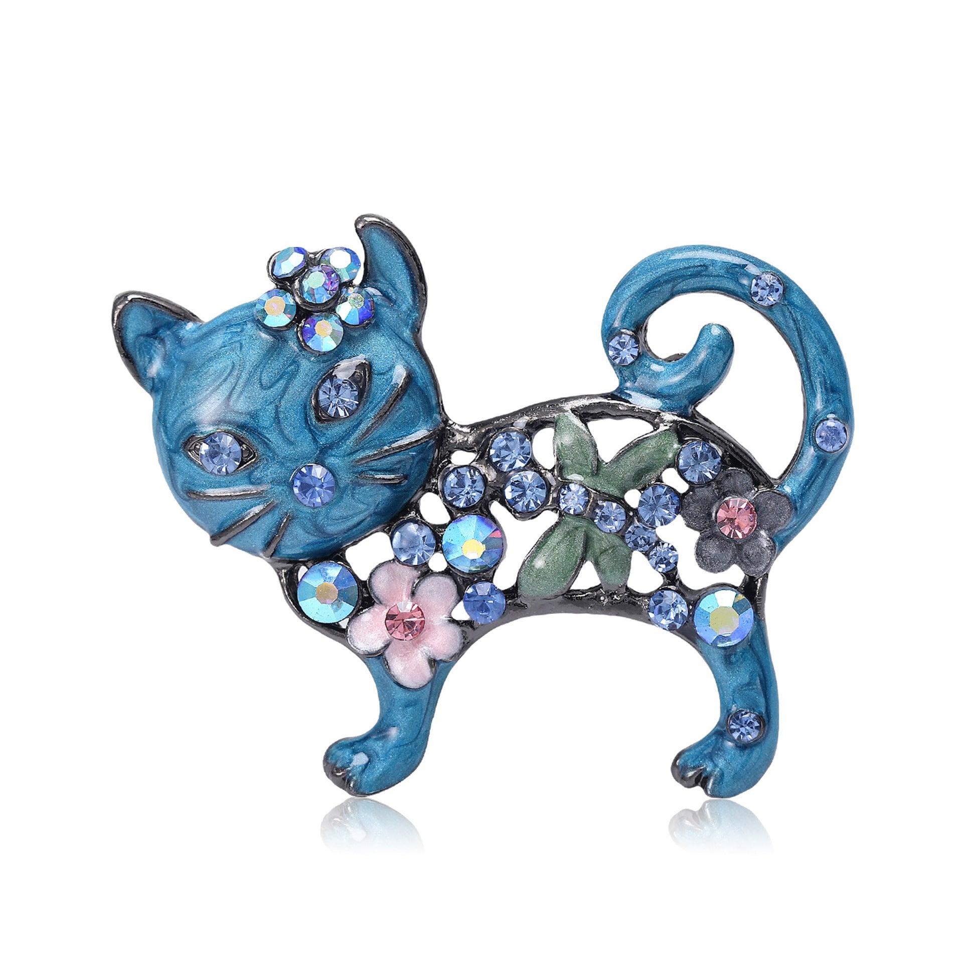 Wholesale Alloy Green Rhinestone Cat Brooch Stylish Suit Clothing Pin For Women Chic Boutique Accessory