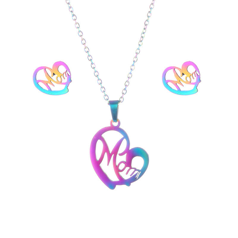 Wholesale Colorful Hollow Glossy MOM Titanium Steel Pendant Stainless Steel Earrings Necklace Set Mother's Day ACC-ES-MinM020