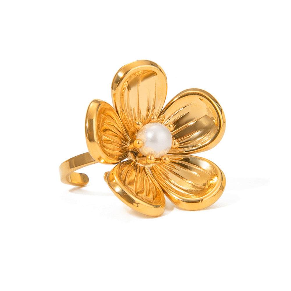 Wholesale  18k gold stainless steel flower pearl opening ring