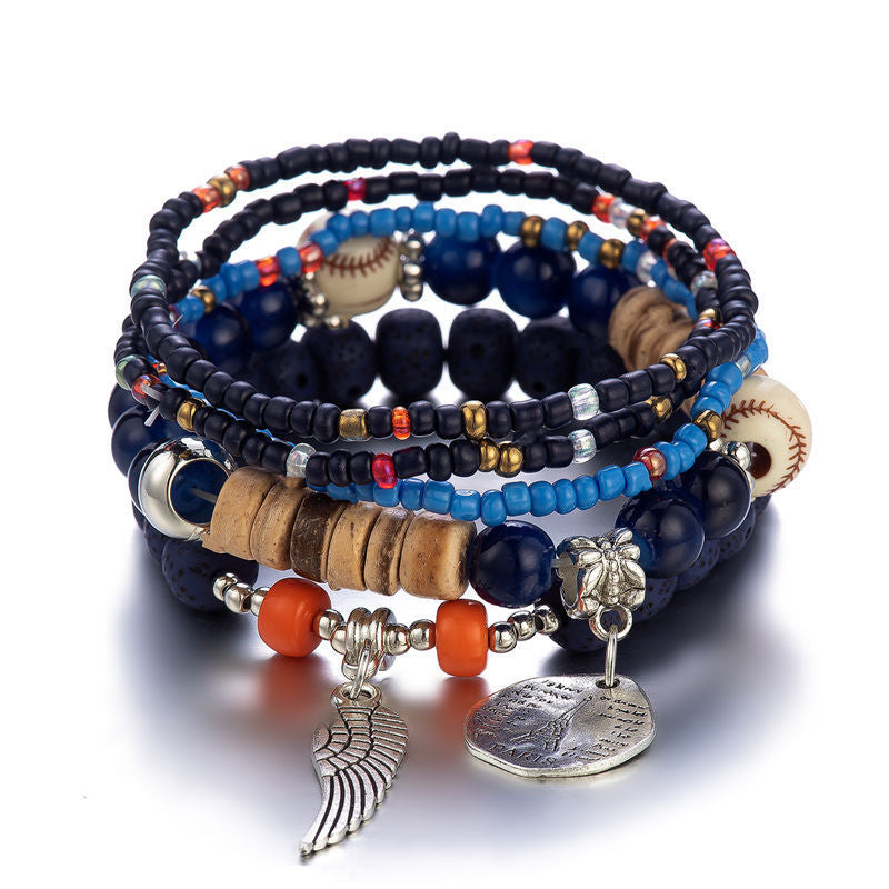 Wholesale colorful bohemian ethnic style multi-layer elastic rice beads bracelet