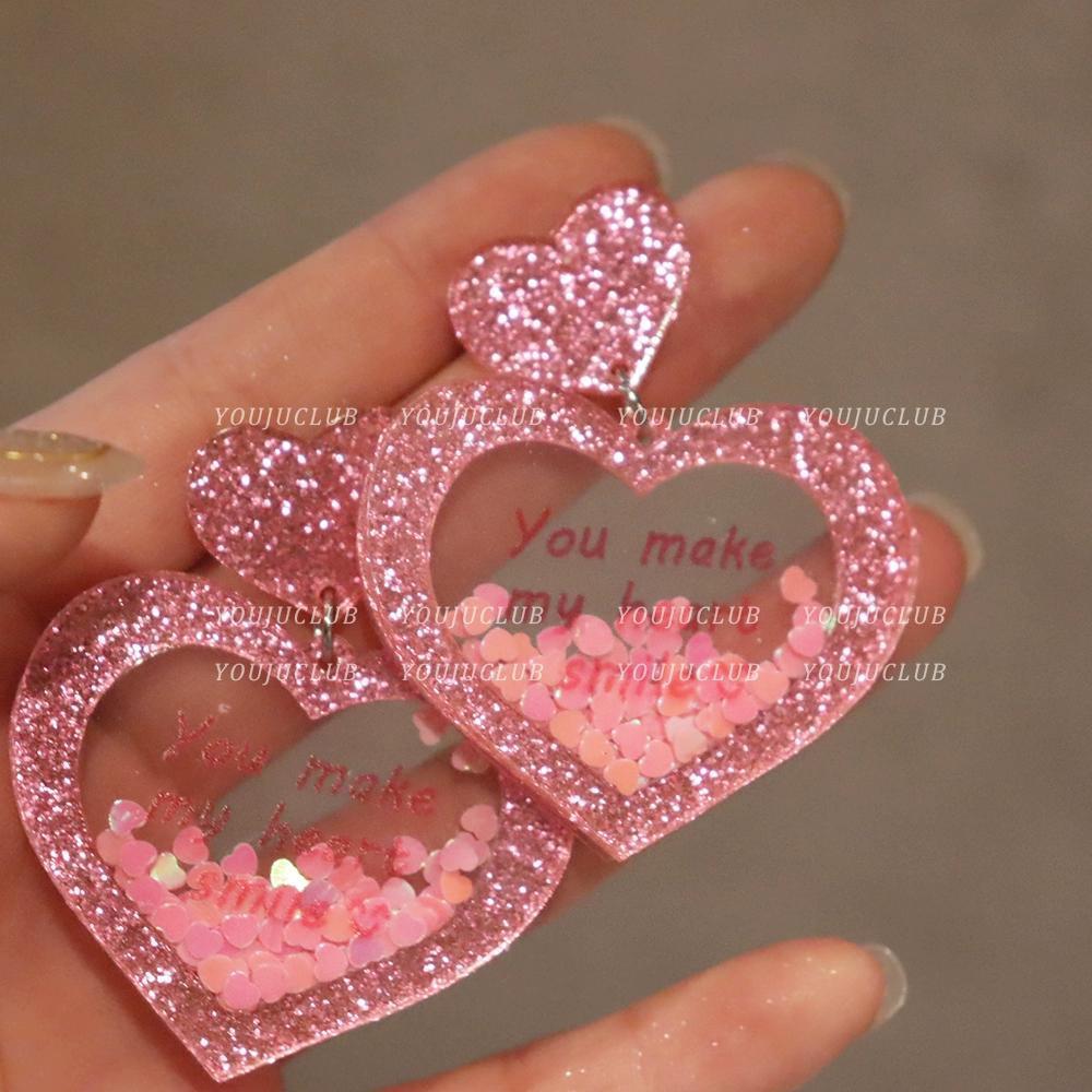 Wholesale Valentine's Day Love Acrylic Stereo Sequins quicksand Peach Heart Earrings