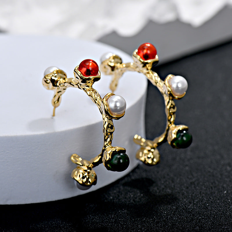 Wholesale Vintage 925 Silver Needle C Shape Pearl Glass Earrings ACC-ES-JiuJia009