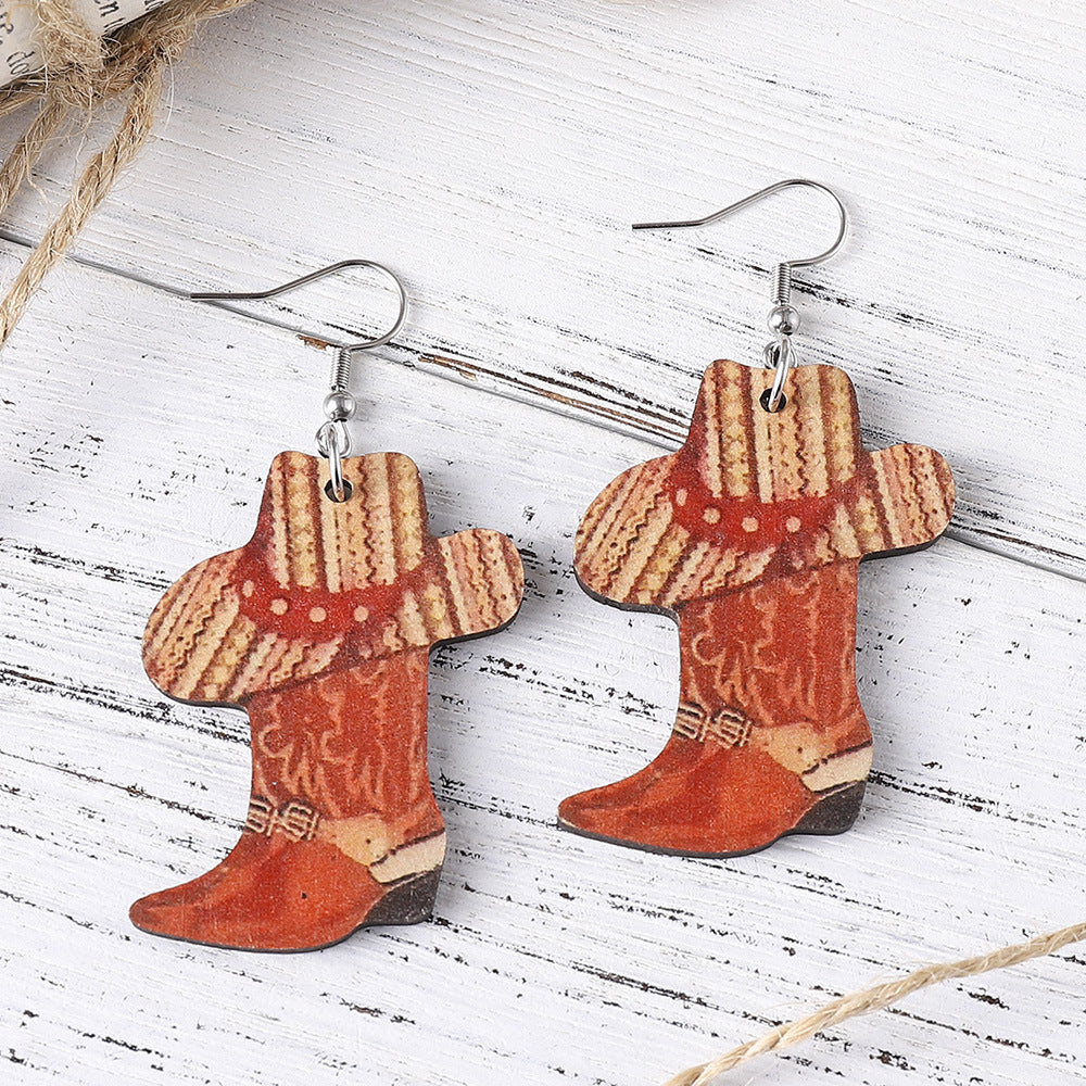Wholesale Western Cowboy Boots Hat Wood Pendant Earrings ACC-ES-ChuLian054