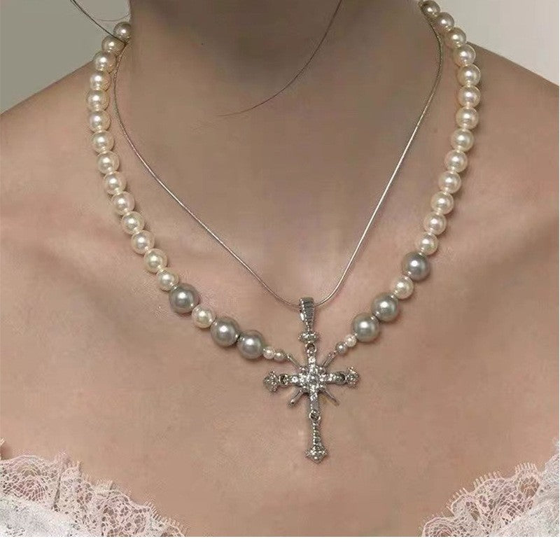 Wholesale Vintage Pearl Snake Chain Cross Pendant Necklace Punk Style Women S Alloy Jewelry Trendy Fashion Accessory For Gift Boutique Resale