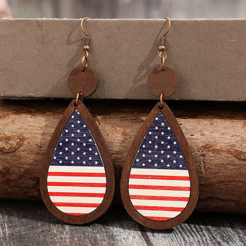Wholesale Independence Day teardrop-shaped striped five-pointed star wooden earrings