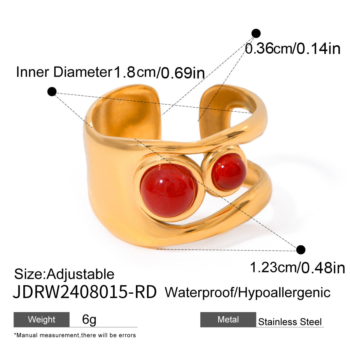 Wholesale  stainless steel red agate ring open ring