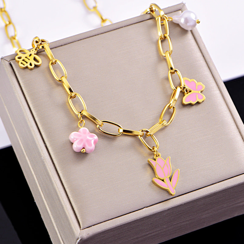 Wholesale Titanium Steel Pink Drop Tulip Sweater Necklace Multi-element Butterfly Bee Bracelet