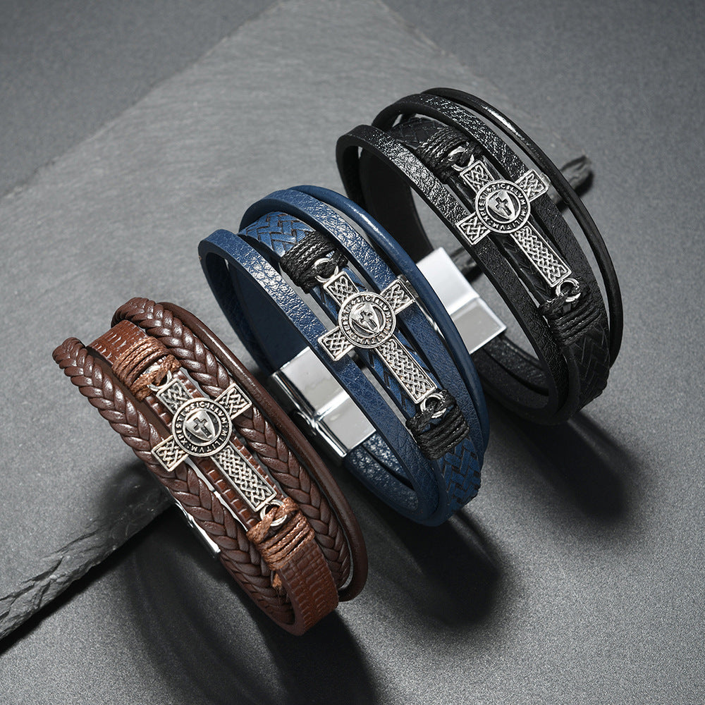 Wholesale Black Leather Men S Multi Layer Braided Cross Bracelet Casual Everyday Jewelry Accessory Gift