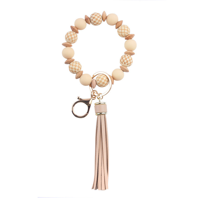 Wholesale Patterned Wood Beads Beaded Silicone Wrist Keychain with Tassel Bulk Keychains ACC-KC-GuangTian039