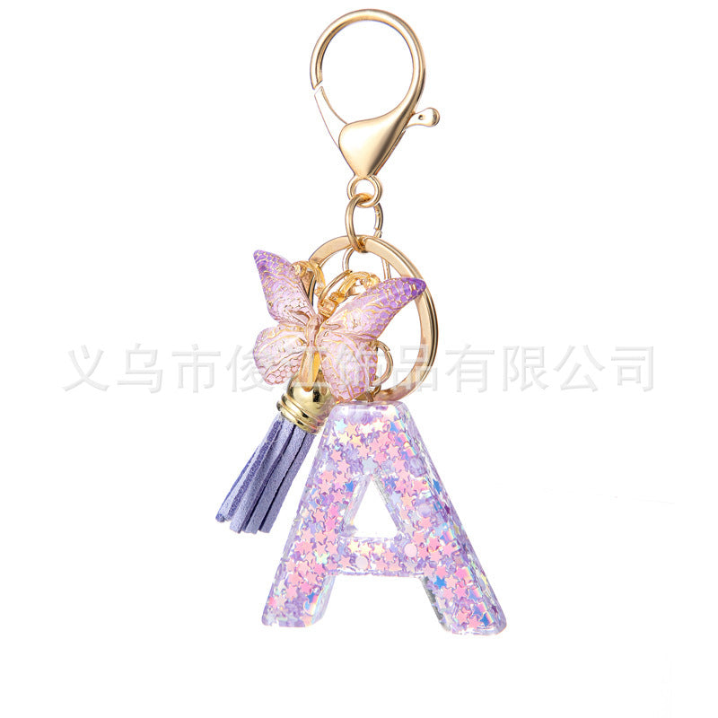 Wholesale Purple Star Tassel Resin Keychain 26 English Letters Bag Charm For Women Students Fashion Decorative Accessory