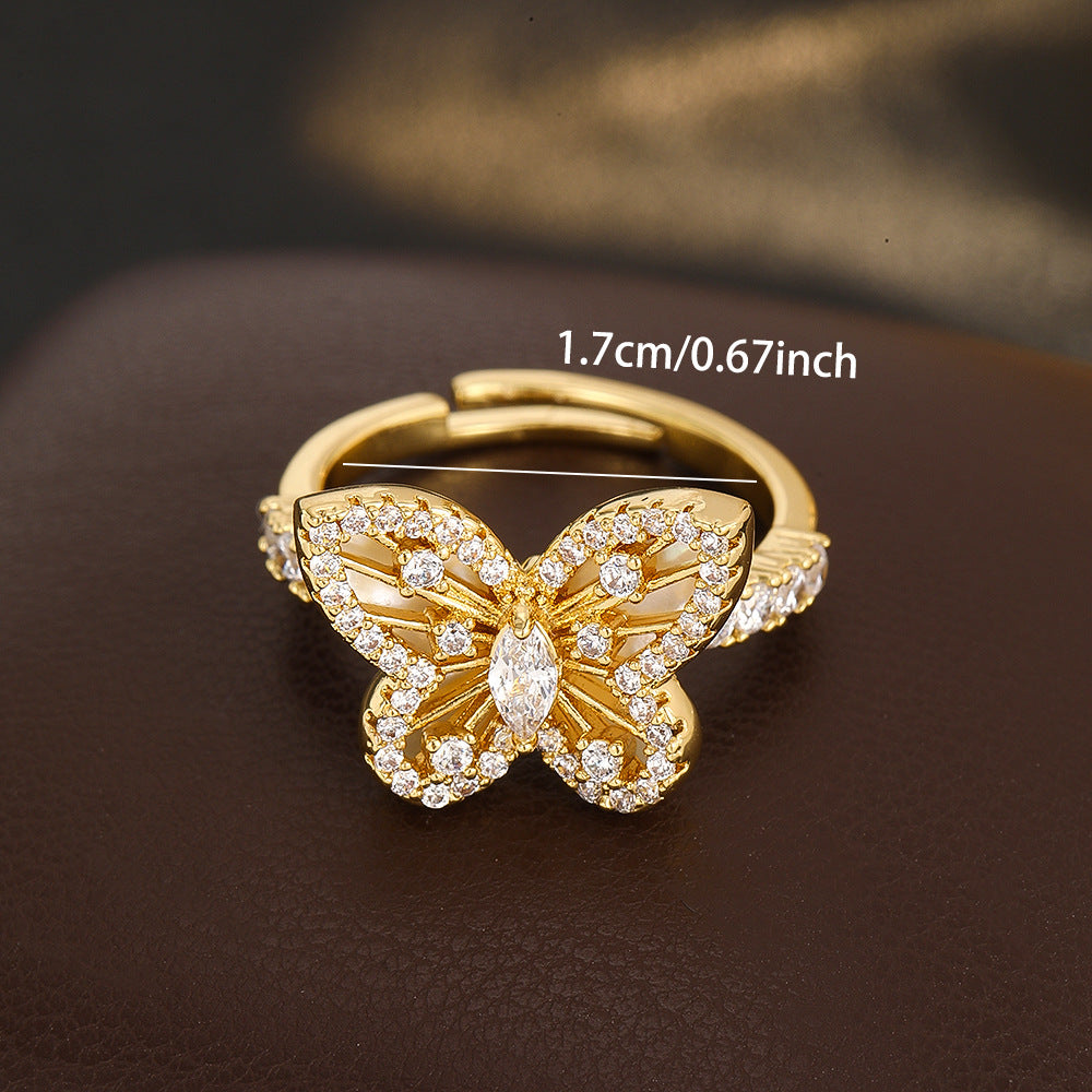 Wholesale Chic Butterfly Star Open Ring Gold Tone Adjustable Zircon Copper Alloy Jewelry Accessory Gift