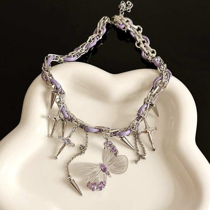 Wholesale Hollow Butterfly Diamond Purple Leather Rope Chain Necklace