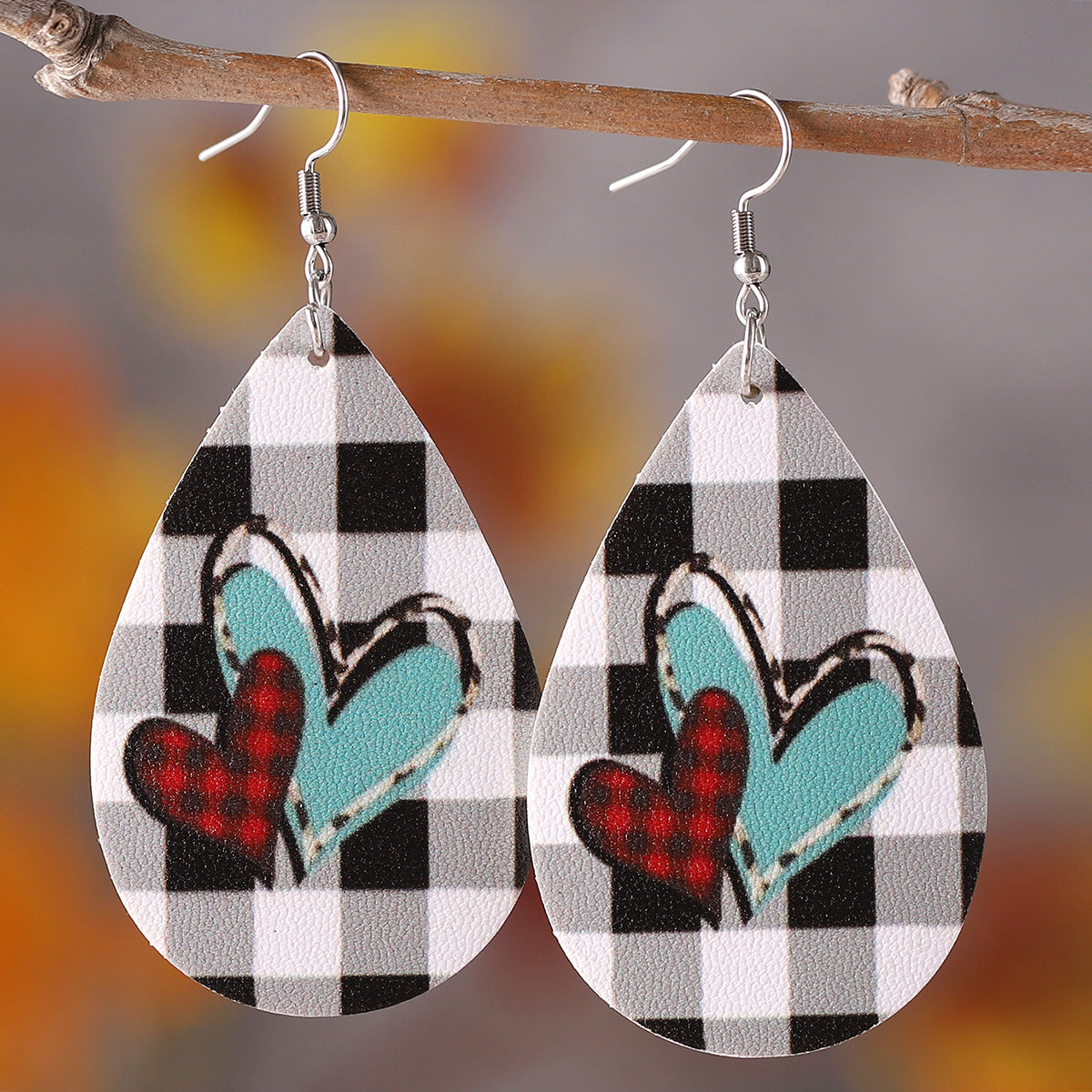 Wholesale PU leather Valentine' s Day checkered letter leopard print heart earrings