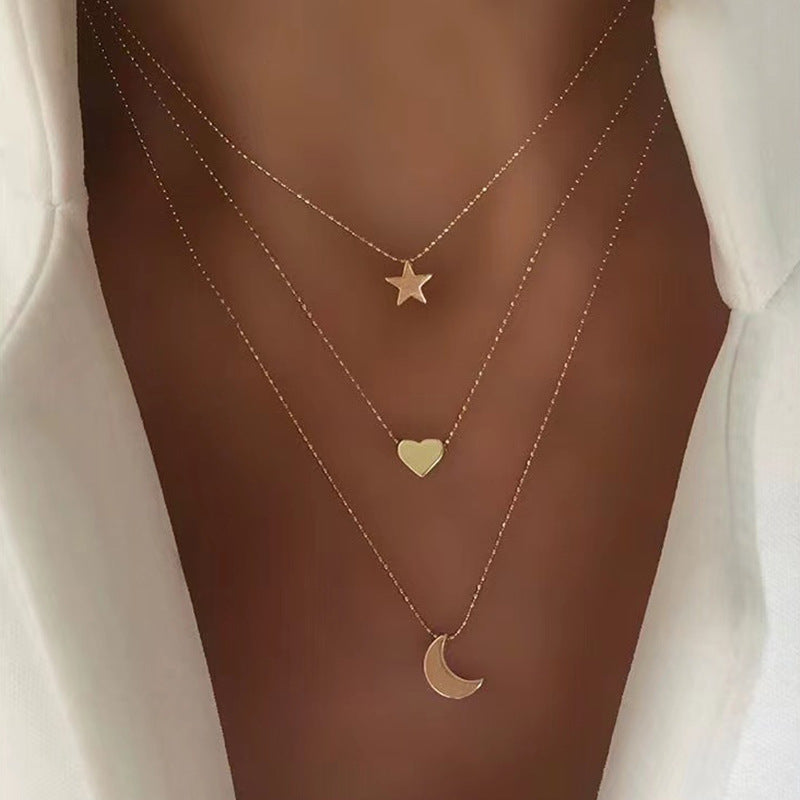 Wholesale Moon Star Double Layer Necklace Delicate Fine Chain