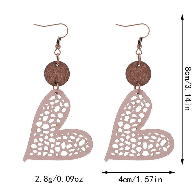 Wholesale Valentine's Day Love Wood Pieces Hollow Mesh Leather  Earrings