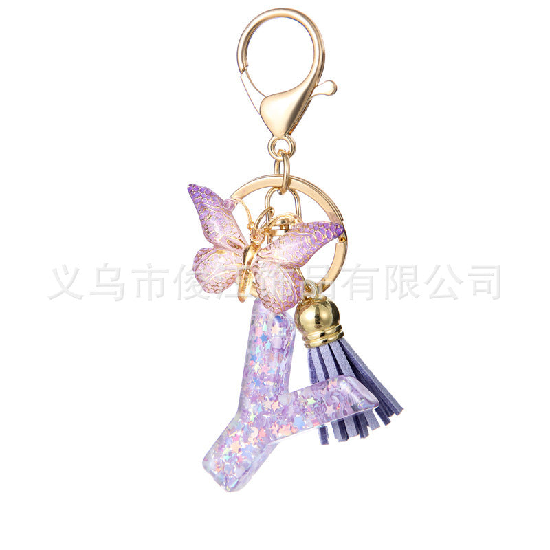 Wholesale Purple Star Tassel Resin Keychain 26 English Letters Bag Charm For Women Students Fashion Decorative Accessory