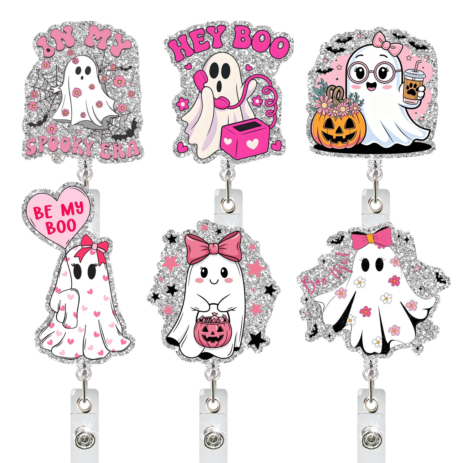 Wholesale Acrylic Pink Ghost Retractable Badge Holder  ID Badge Reel Fashion Accessory