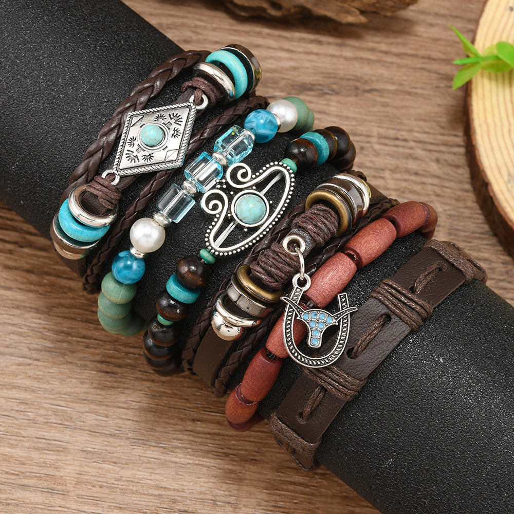 Wholesale Bohemian style bull head and horseshoe  multi-layer  bracelet