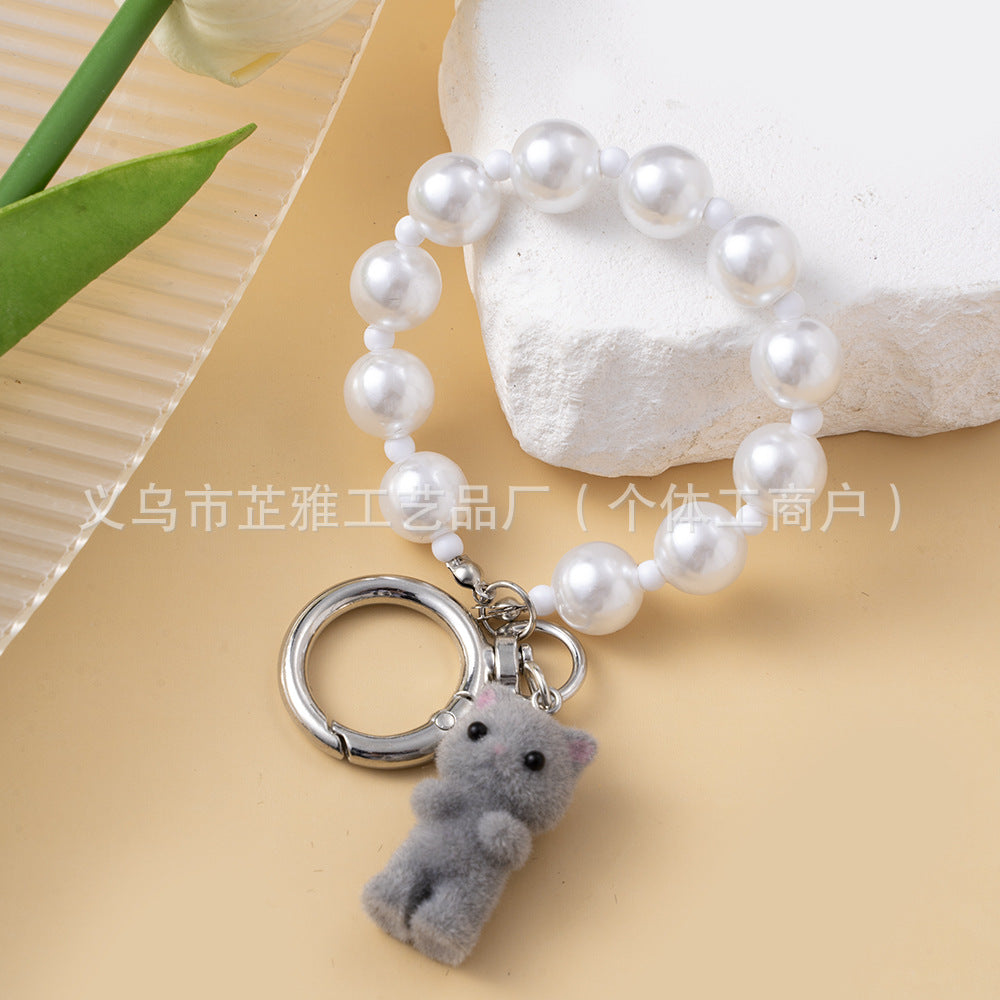 Wholesale  Heart Cute Flocking Cat Pearl Love Keychain