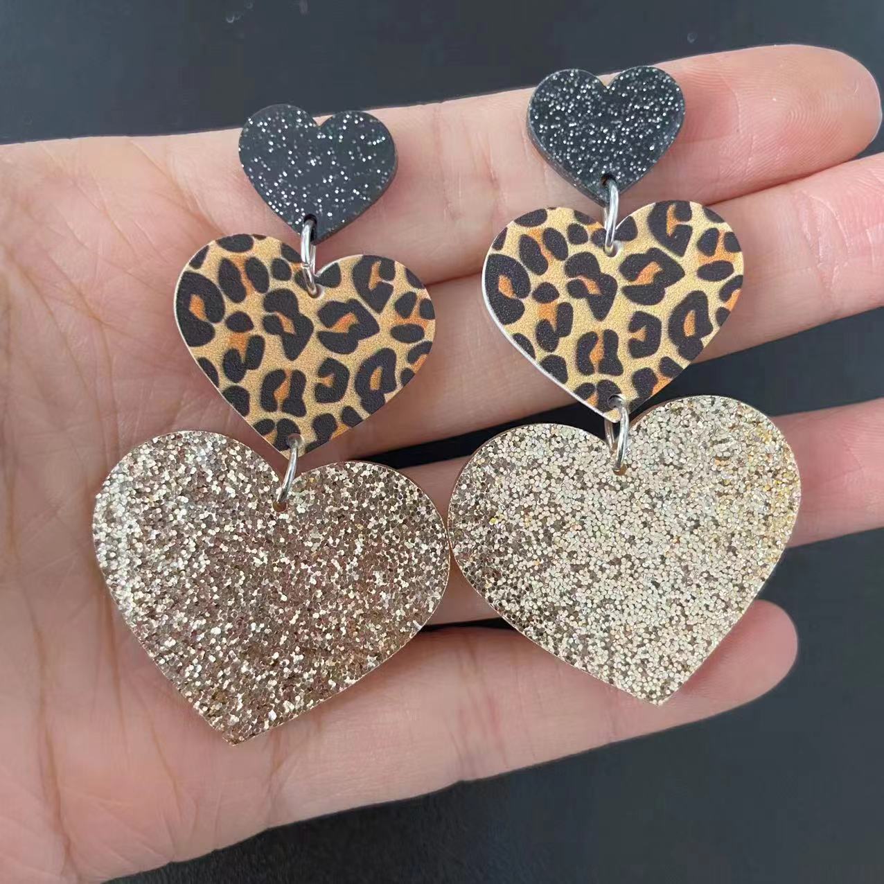 Wholesale Valentine's Day acrylic asymmetric leopard Love earrings