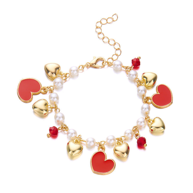 Wholesale Trendy Sweet Pearl Bracelet With Crystal Cherry Strawberry And Heart Charms Adjustable Fashion Jewelry Accessory For Women Boutique Resale And Gift