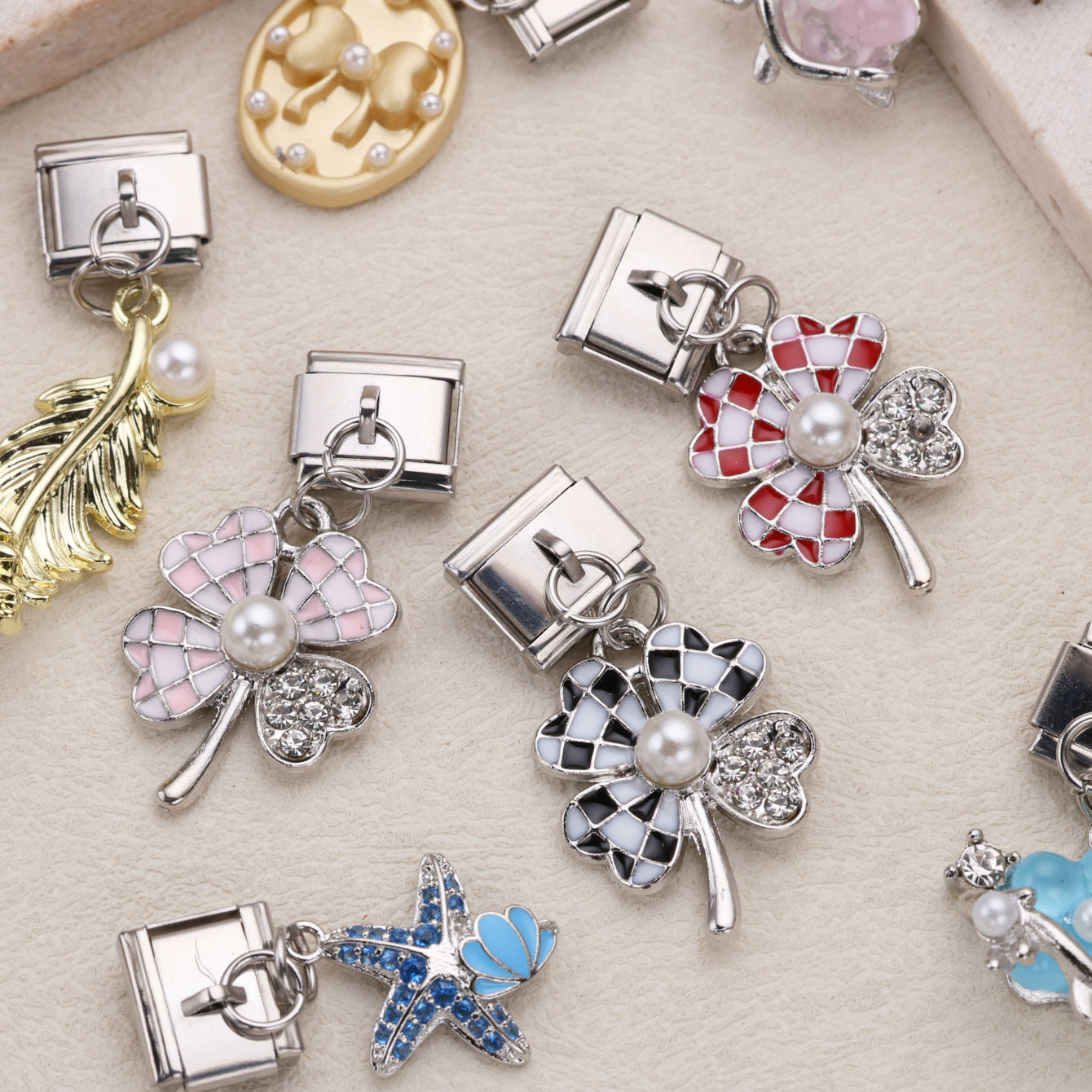 Wholesale 10pcs Italian Charm Bracelet 9mm DIY Splicing Butterfly Love Four-Leaf Clover Pendant Stainless Steel Composable Bracelet