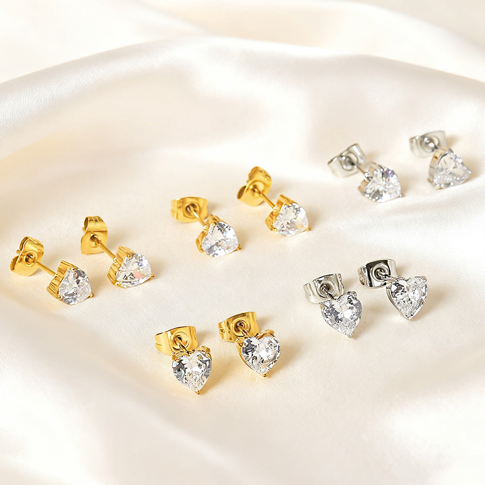 Wholesale 10PCS Stainless steel heart-shaped zircon earrings