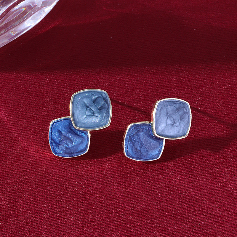 Wholesale Haze Blue Retro Earrings Women' s S925 Silver Needle Geometric Oil Dropping Elegant Earrings Simple High-end Ear Jewelry
